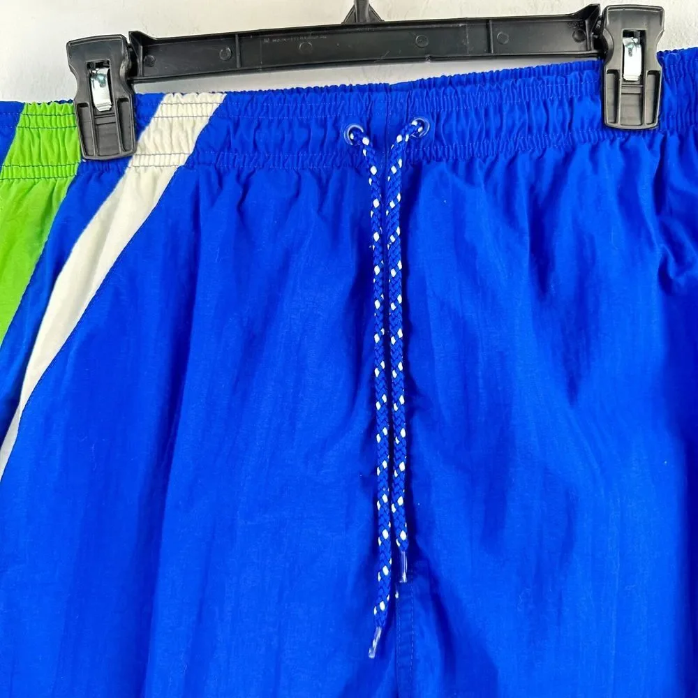 Vintage 90s Trader Bay Swim Shorts Trunks Mens L Blue Green Striped‎ Drawstring